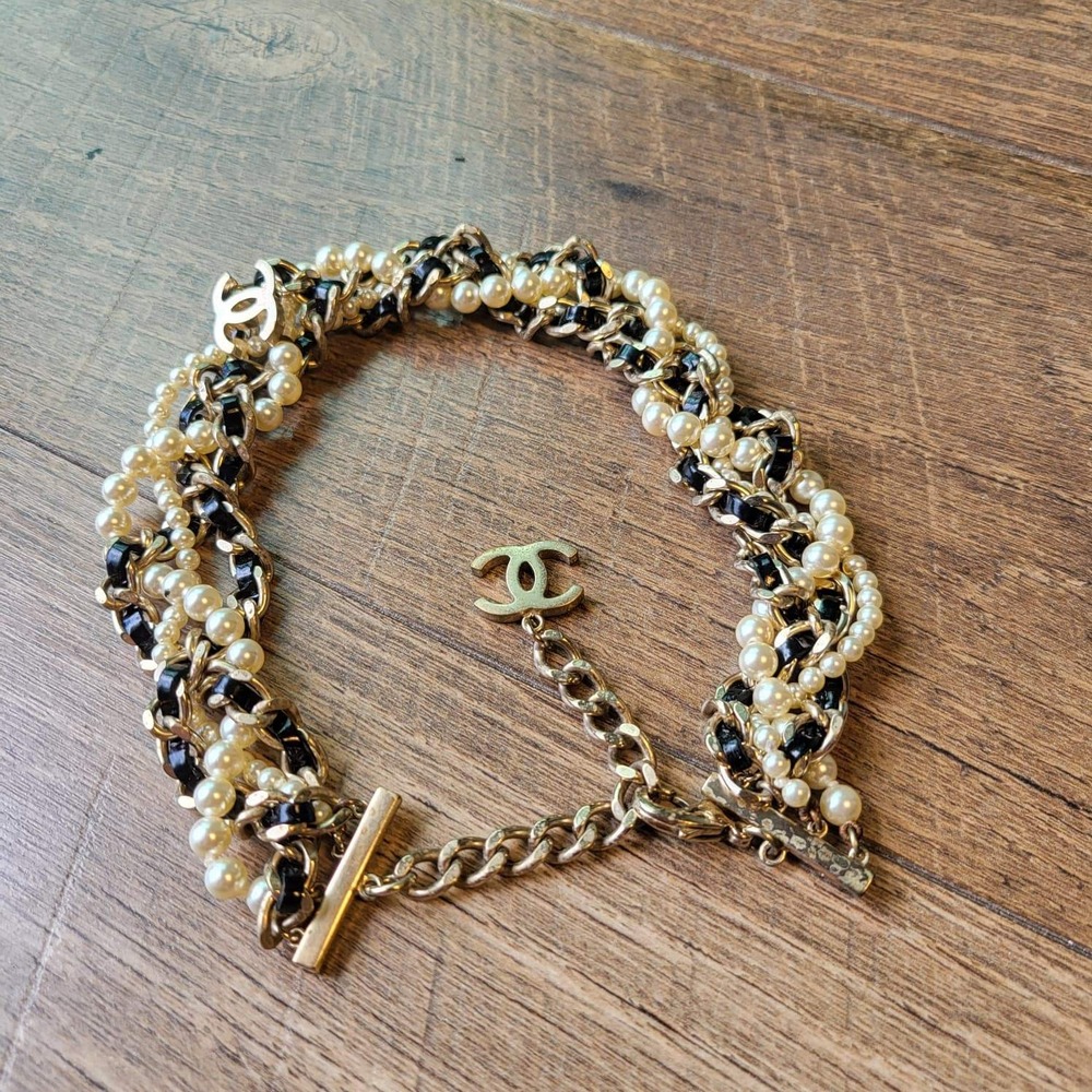 Chanel Choker Necklace OS Gold Black Pearl Braided CC Logo Multi-Strand - Picture 9 of 10